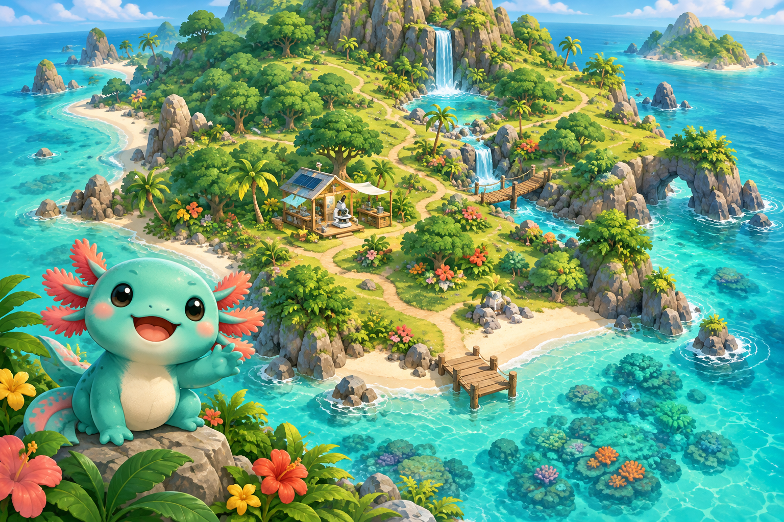 Ilha tropical ilustrada com o Lumi, personagem da Ilha dos Genes